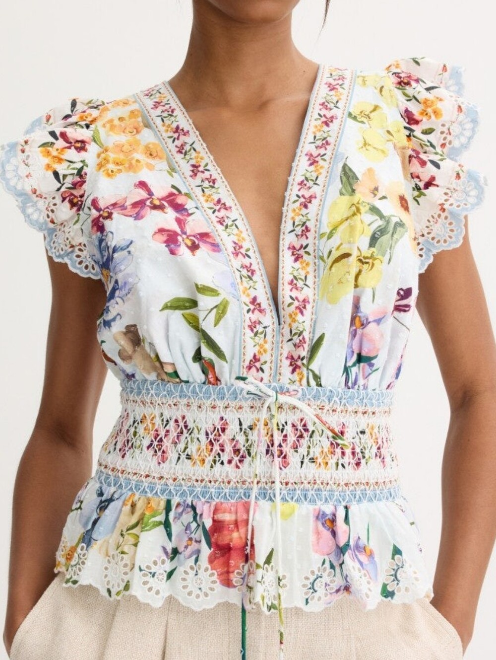 FARM Rio Greek Garden Off-white Blouse Cotton Top V-neck Short Sleeves Size S